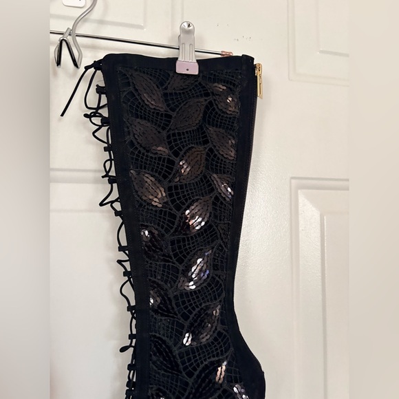 Schutz Black Sequin Embellished Open Toe Boots Size 7B - Picture 5 of 16